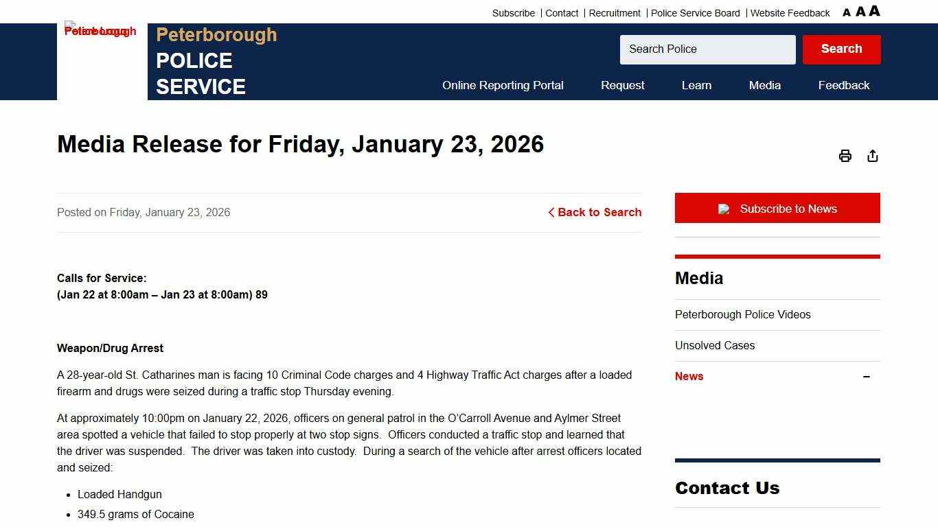 Media Release for Friday, January 23, 2026 - Peterborough Police