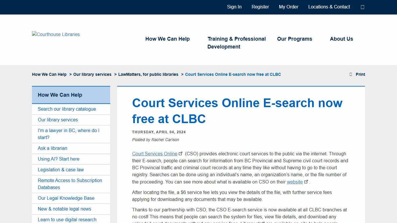 Court Services Online E-search now free at CLBC Courthouse Libraries BC